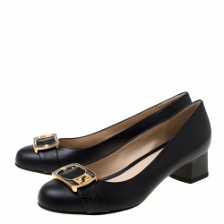 Pre Owned Fendi Black Leather Buckle Block Heel Pumps Size 38.5