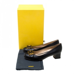 Pre Owned Fendi Black Leather Buckle Block Heel Pumps Size 38.5