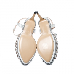 Pre Owned Fendi Silver Metallic Leather T Bar Platform Sandals Size 38