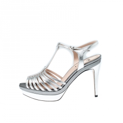 Pre Owned Fendi Silver Metallic Leather T Bar Platform Sandals Size 38