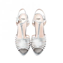 Pre Owned Fendi Silver Metallic Leather T Bar Platform Sandals Size 38