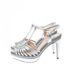 Pre Owned Fendi Silver Metallic Leather T Bar Platform Sandals Size 38