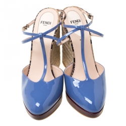 Fendi Lavander Patent Leather And Embossed Snakeskin Leather Elodie Espadrille Platform T Strap Sandals Size 38