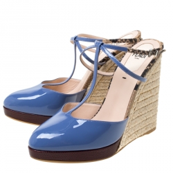 Fendi Lavander Patent Leather And Embossed Snakeskin Leather Elodie Espadrille Platform T Strap Sandals Size 38