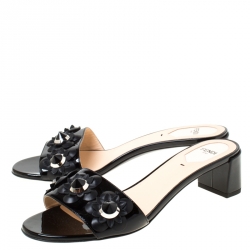 Pre Owned Fendi Black  Floral Appliquè Patent Leather Slide Mules Size 39.5