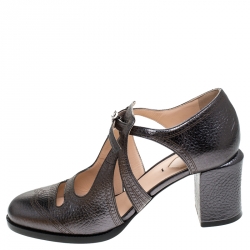 Pre Owned Fendi Metallic Grey Chameleon Wing Tip Ankle Strap Pumps Size 38.5