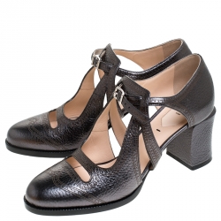 Pre Owned Fendi Metallic Grey Chameleon Wing Tip Ankle Strap Pumps Size 38.5