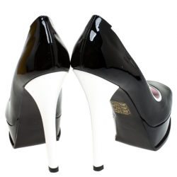 Pre Owned Fendi Black/White Patent Leather Peep Toe Platform Pumps Size 38