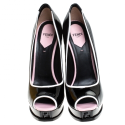 Pre Owned Fendi Black/White Patent Leather Peep Toe Platform Pumps Size 38