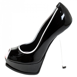 Pre Owned Fendi Black/White Patent Leather Peep Toe Platform Pumps Size 38