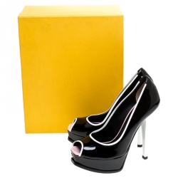 Pre Owned Fendi Black/White Patent Leather Peep Toe Platform Pumps Size 38