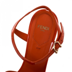 Pre Owned Fendi Orange Patent Cross Leather Ankle Strap Wedge Sandals Size 38