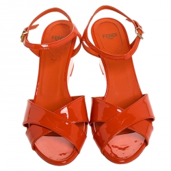Pre Owned Fendi Orange Patent Cross Leather Ankle Strap Wedge Sandals Size 38