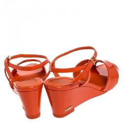 Pre Owned Fendi Orange Patent Cross Leather Ankle Strap Wedge Sandals Size 38