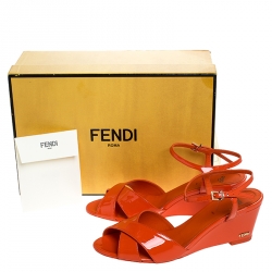 Pre Owned Fendi Orange Patent Cross Leather Ankle Strap Wedge Sandals Size 38