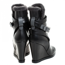 Pre Owned Fendi Black Leather And Fur Trim Wedge Ankle Boots Size 40