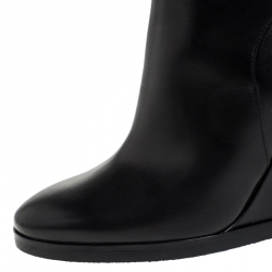 Pre Owned Fendi Black Leather And Fur Trim Wedge Ankle Boots Size 40