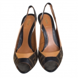 Pre Owned Fendi Brown Zucca Canvas and Leather Slingback Sandals Size 38.5