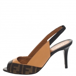Pre Owned Fendi Brown Zucca Canvas and Leather Slingback Sandals Size 38.5