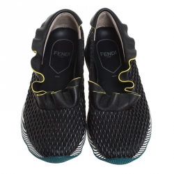 Pre Owned Fendi Black Smocked Leather Ruffle Trim Slip On Sneakers Size 38