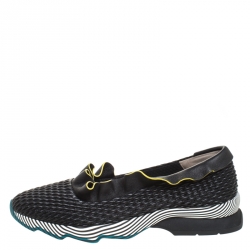 Pre Owned Fendi Black Smocked Leather Ruffle Trim Slip On Sneakers Size 38