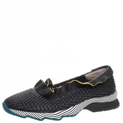 Pre Owned Fendi Black Smocked Leather Ruffle Trim Slip On Sneakers Size 38