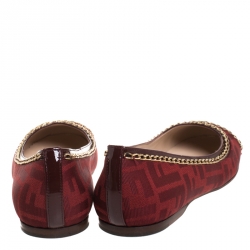 Pre Owned Fendi Red Zucca Canvas And Patent Cap Toe Chain Link Embellished Ballet Flats Size 38.5