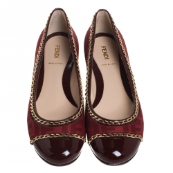 Pre Owned Fendi Red Zucca Canvas And Patent Cap Toe Chain Link Embellished Ballet Flats Size 38.5