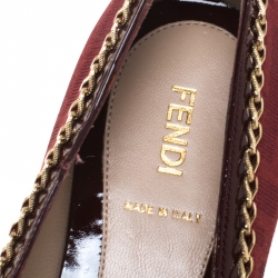 Pre Owned Fendi Red Zucca Canvas And Patent Cap Toe Chain Link Embellished Ballet Flats Size 38.5