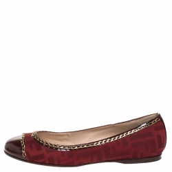 Pre Owned Fendi Red Zucca Canvas And Patent Cap Toe Chain Link Embellished Ballet Flats Size 38.5