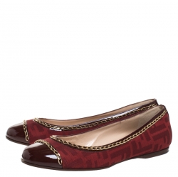 Pre Owned Fendi Red Zucca Canvas And Patent Cap Toe Chain Link Embellished Ballet Flats Size 38.5