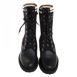 Pre Owned Fendi Black Leather And FF Motif Detail Stretch Fabric Rockoko Combat Boots Size 38
