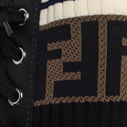 Pre Owned Fendi Black Leather And FF Motif Detail Stretch Fabric Rockoko Combat Boots Size 38