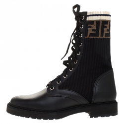 Pre Owned Fendi Black Leather And FF Motif Detail Stretch Fabric Rockoko Combat Boots Size 38