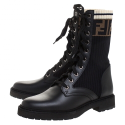Pre Owned Fendi Black Leather And FF Motif Detail Stretch Fabric Rockoko Combat Boots Size 38