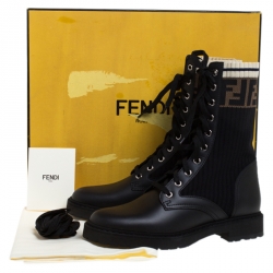 Pre Owned Fendi Black Leather And FF Motif Detail Stretch Fabric Rockoko Combat Boots Size 38