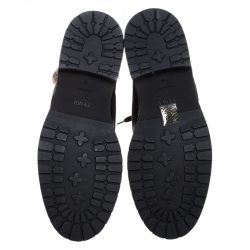 Pre Owned Fendi Black Leather And FF Motif Detail Stretch Fabric Rockoko Combat Boots Size 38