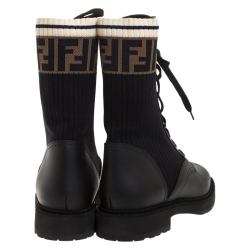 Pre Owned Fendi Black Leather And FF Motif Detail Stretch Fabric Rockoko Combat Boots Size 38