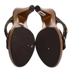 Pre Owned Fendi Brown Zucca Canvas And Patent Leather Trim Open Toe Sandals Size 36.5