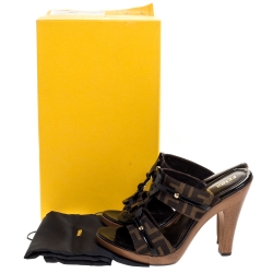 Pre Owned Fendi Brown Zucca Canvas And Patent Leather Trim Open Toe Sandals Size 36.5