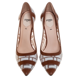 مملوكة مسبقًا حذاء كعب عالى فندى مقدمة مدببة كوليبرى حافة جلد وبى فى سى زوكا بنى  / أبيض مقاس 36