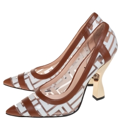 مملوكة مسبقًا حذاء كعب عالى فندى مقدمة مدببة كوليبرى حافة جلد وبى فى سى زوكا بنى  / أبيض مقاس 36