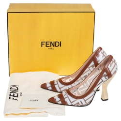 مملوكة مسبقًا حذاء كعب عالى فندى مقدمة مدببة كوليبرى حافة جلد وبى فى سى زوكا بنى  / أبيض مقاس 36