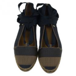 Pre Owned Fendi Brown Pequin Canvas Espadrille Wrap around Ballet Flats Size 38