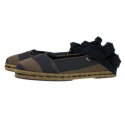 Pre Owned Fendi Brown Pequin Canvas Espadrille Wrap around Ballet Flats Size 38