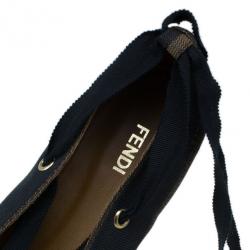 Pre Owned Fendi Brown Pequin Canvas Espadrille Wrap around Ballet Flats Size 38