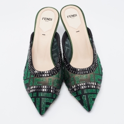 Pre Owned Fendi Green/Black Crystal Embellished Mesh Colibri Mules Size 36