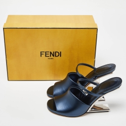 Fendi Metallic Blue Leather Fendi First Slide Sandals Size 39