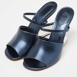 Fendi Metallic Blue Leather Fendi First Slide Sandals Size 39