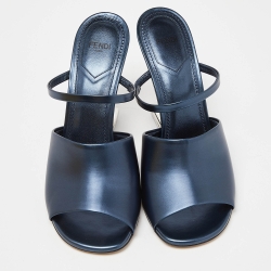 Fendi Metallic Blue Leather Fendi First Slide Sandals Size 39